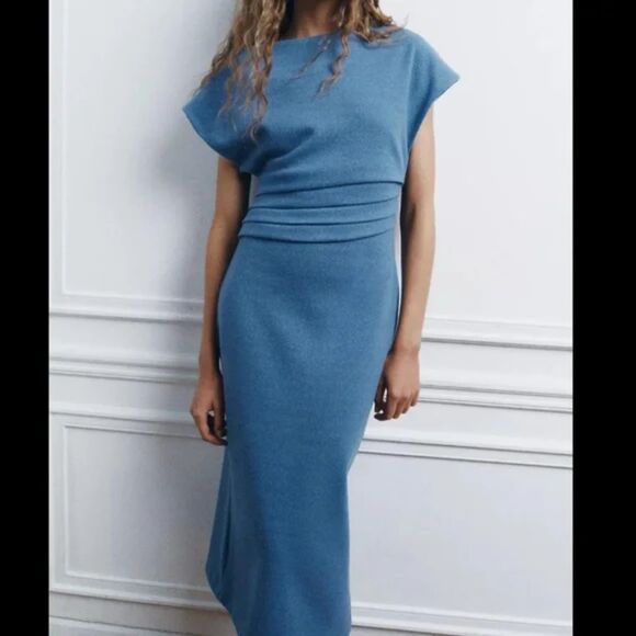 ZARA Draped Wool Blend Midi Dress Size Medium NWT - Picture 1 of 9